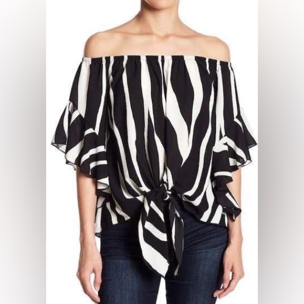 Zebra Print Off Shoulder Tie Front Blouse Boho Flutter Sleeve 2XL
